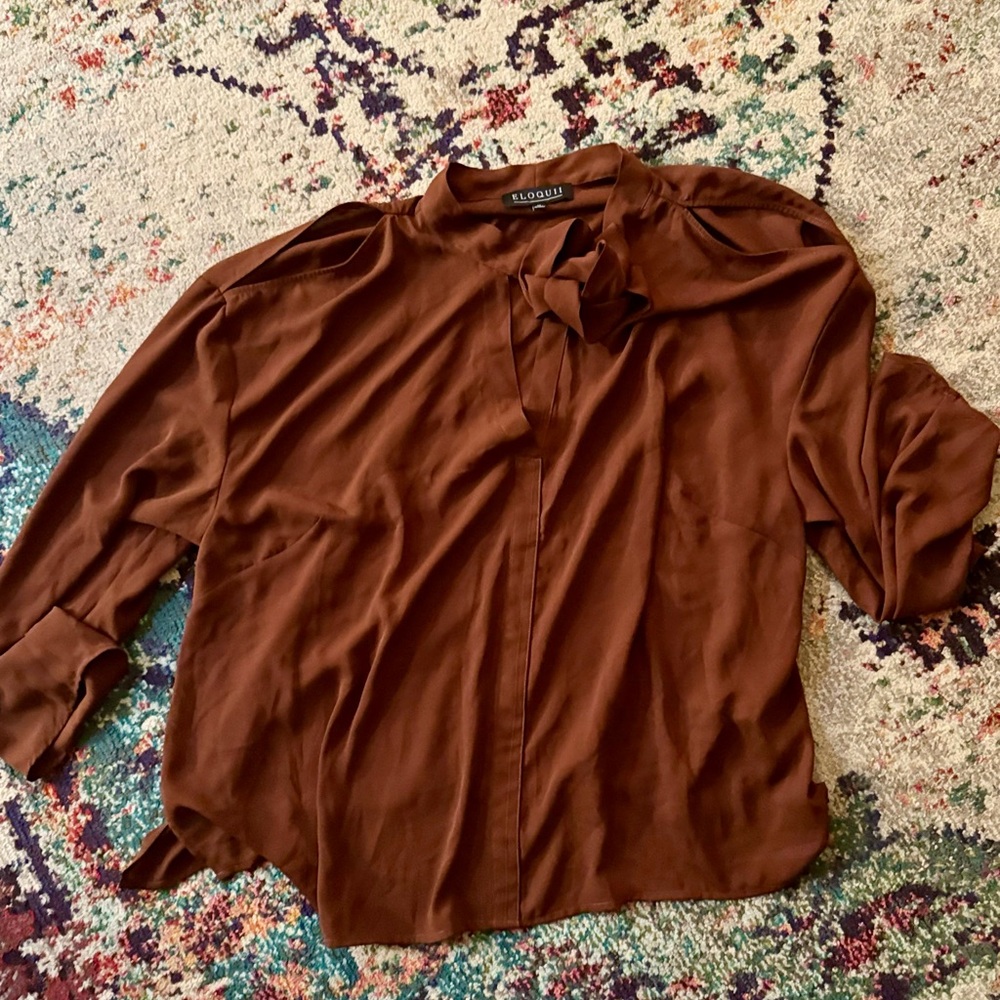 Eloquii Rich Brown Blouse with Bow Detail & Cut out Shoulders